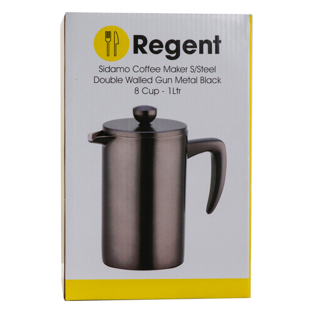 REGENT SIDAMO COFFEE MAKER DOUBLE WALL GUN METAL BLACK ST STEEL 8 CUP, (1LT)