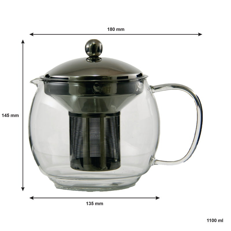 REGENT 'TEA TIME' BOROSILICATE GLASS TEAPOT WITH ST. STEEL INFUSER & LID, (1.1LT)