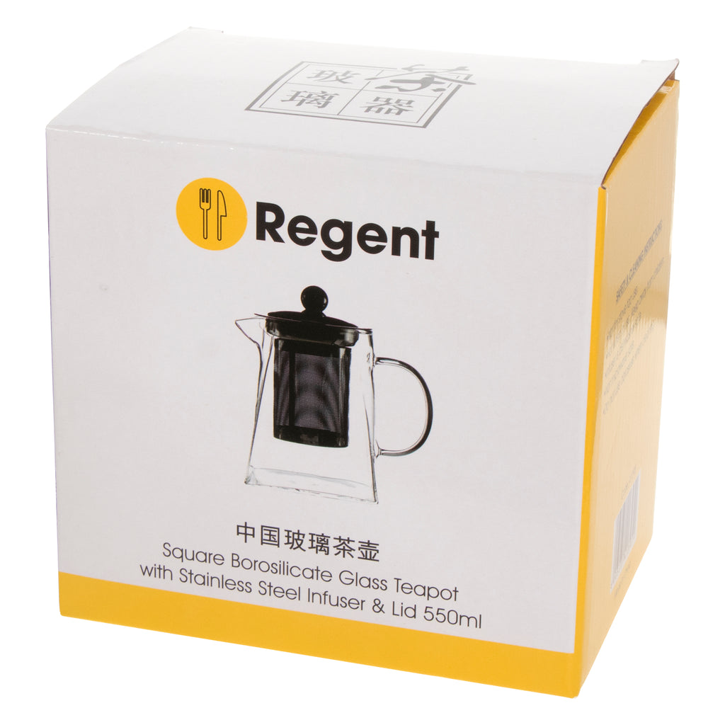 REGENT SQUARE TEAPOT BOROSILICATE GLASS WITH ST. STEEL INFUSER AND LID, 550ML (130/87X87X140MM)