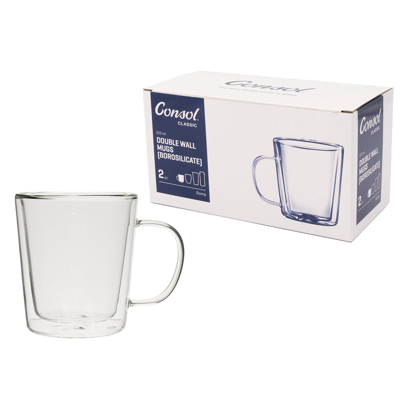 CONSOL ROMA DOUBLE WALL BOROSILICATE GLASS MUG 2 PIECE SET, (320ML)