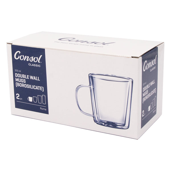 CONSOL ROMA DOUBLE WALL BOROSILICATE GLASS MUG 2 PIECE SET, (320ML)