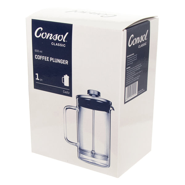 CONSOL CADIZ BOROSILICATE GLASS COFFEE PLUNGER WITH S/STEEL LID AND KNOB, (600ML)