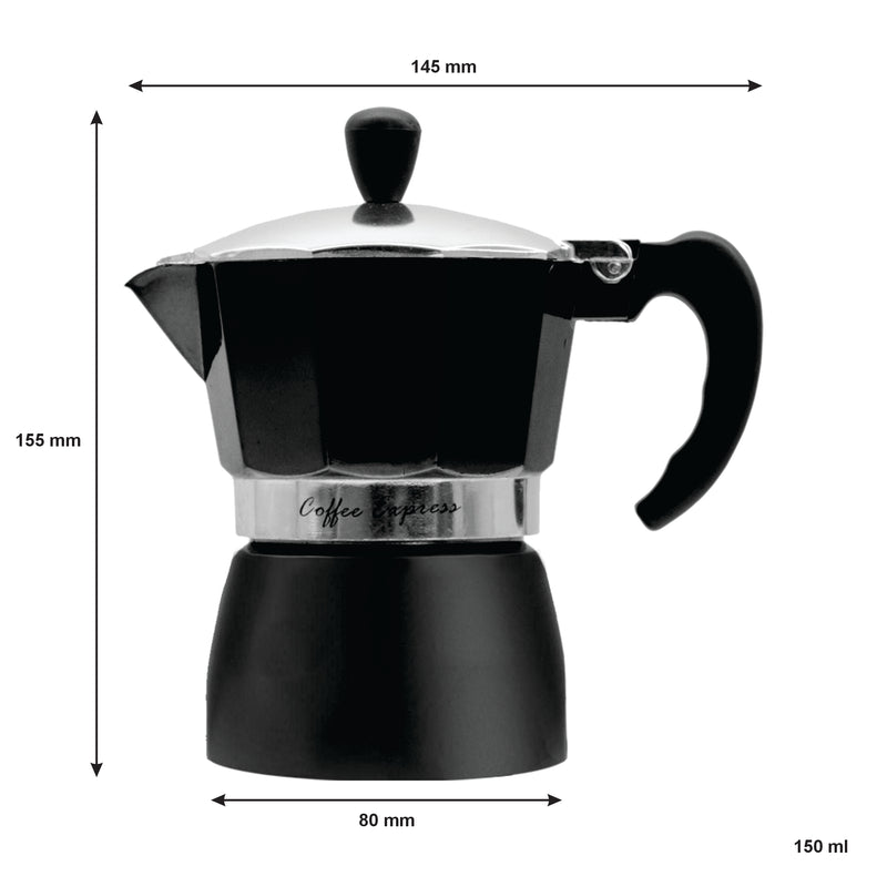 REGENT COFFEE MAKER ALUMINIUM 2 TONE MATT BLACK WITH SILVER 3 CUP, (150ML)