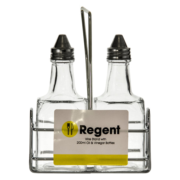 REGENT SQUARE OIL & VINEGAR BOTTLES ON WIRE STAND, 200ML (180X116X58MM)