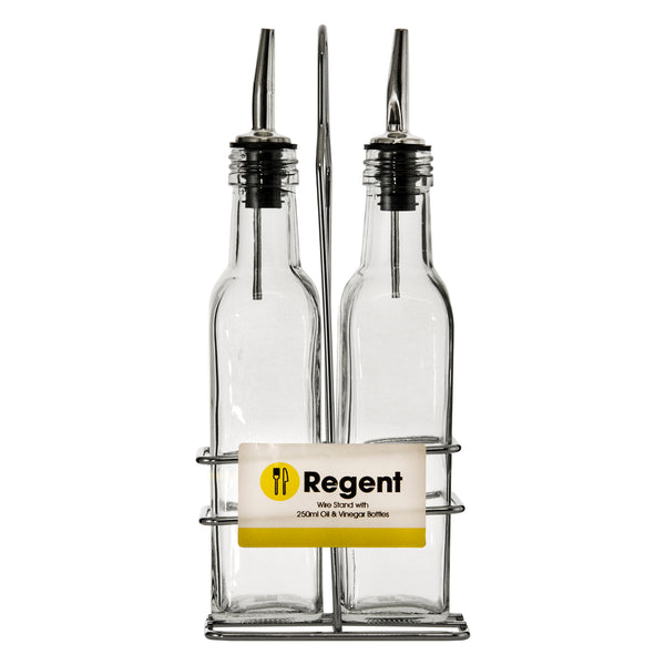 REGENT TALL SQUARE OIL & VINEGAR BOTTLES WITH POURERS ON WIRE STAND, 250ML (260X104X52MM)