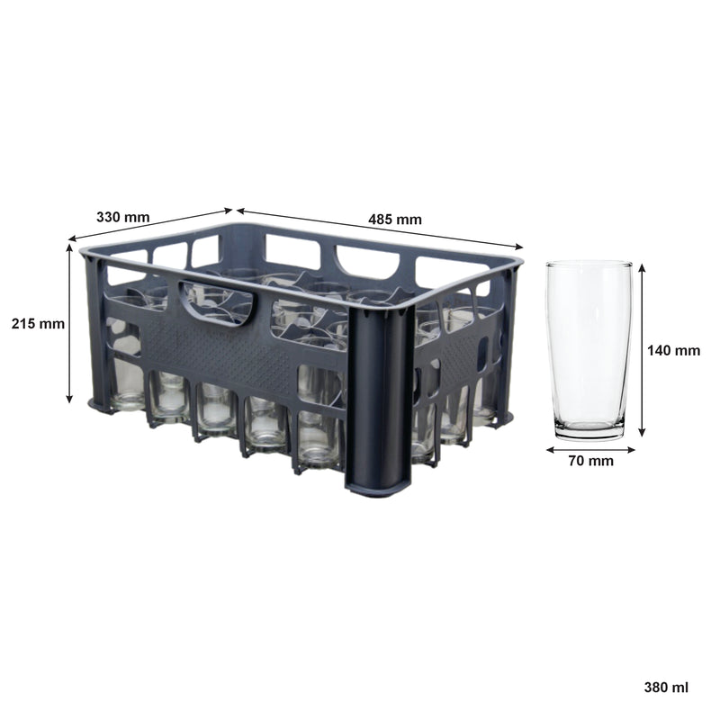 REGENT GREY PLASTIC CRATE WITH WILLY TUMBLERS, 24'S (380ML)