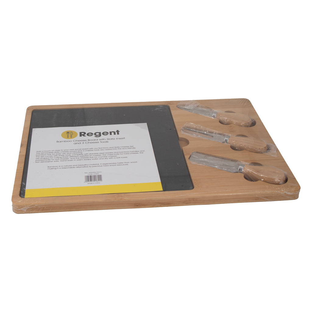 REGENT BAMBOO CHEESE BOARD WITH SLATE BOARD AND 3 CHEESE TOOLS, (360X240X15MM)