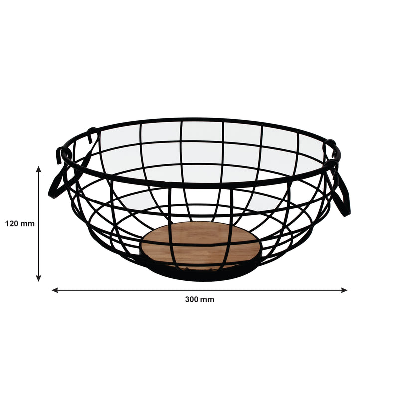 REGENT KITCHEN FRUIT BASKET WITH HANDLES BLACK WIRE AND WOOD, (280MM DIAX120MM)