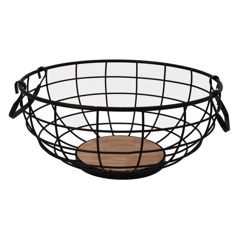 REGENT KITCHEN FRUIT BASKET WITH HANDLES BLACK WIRE AND WOOD, (280MM DIAX120MM)