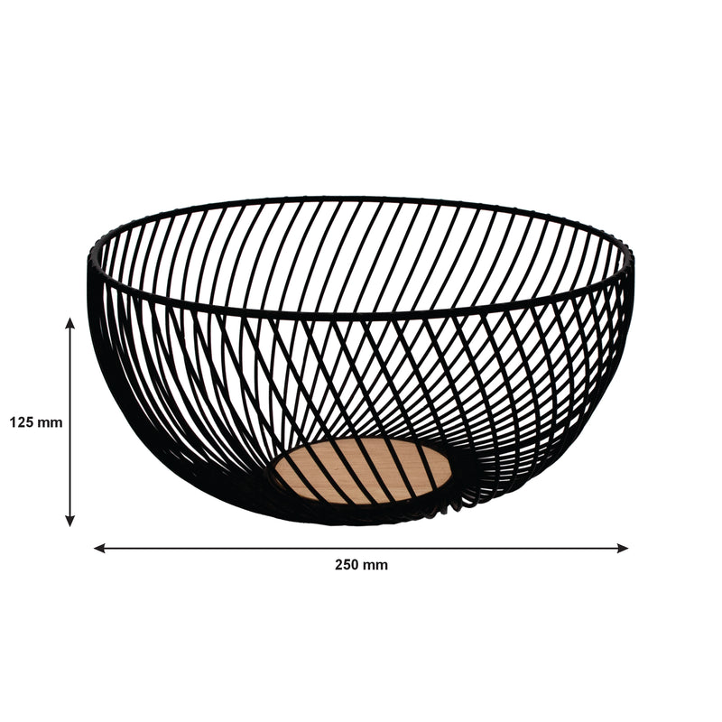 REGENT KITCHEN SWIRL BASKET WIRE AND WOOD POWDER COATED BLACK , (250MM DIAX125MM)