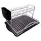 DOUBLE DISH RACK SILVER ALUMINIUM WITH BLACK PLASTIC UTENSIL HOLDER & TRAY, (520X350X250MM)