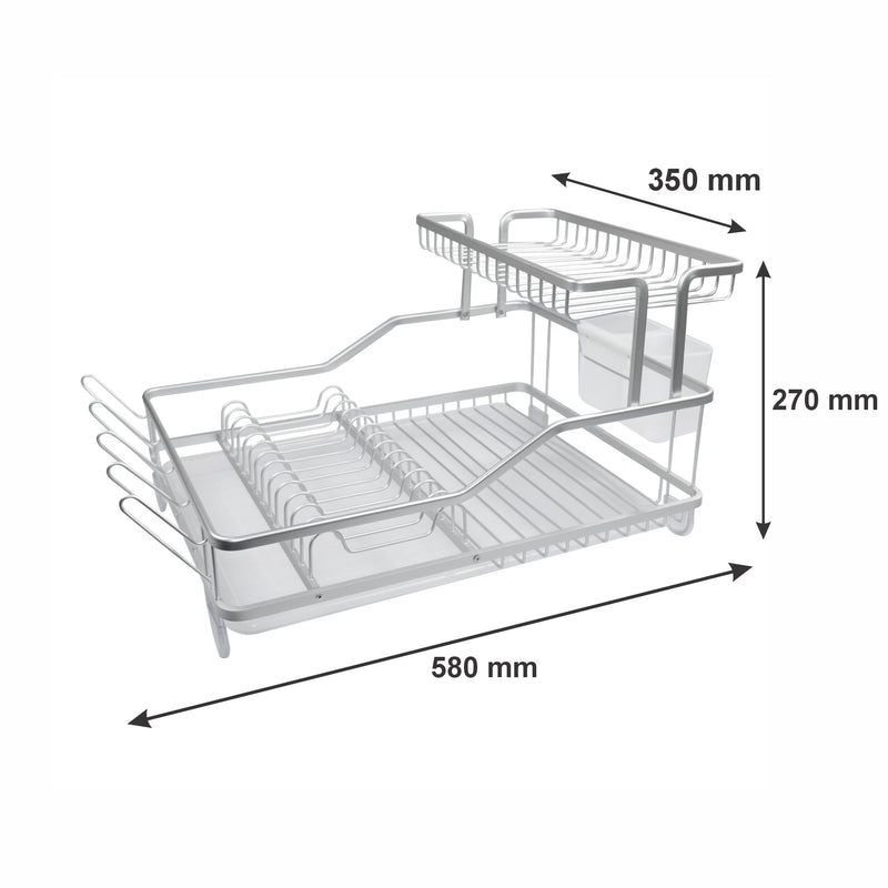 DOUBLE DISH RACK SILVER ALUMINIUM WITH OPAQUE PLASTIC UTENSIL HOLDER AND TRAY, (580X270X350MM)