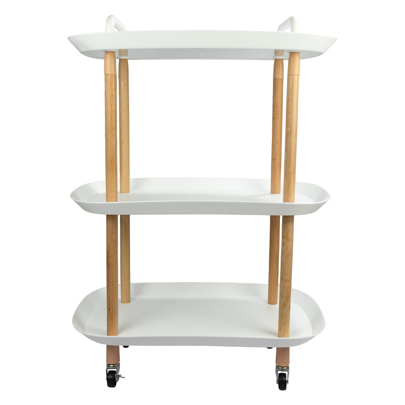 STORAGE RACK 3 SHELF WHITE PLASTIC AND WOOD ON CASTERS, (575X360X795MM)