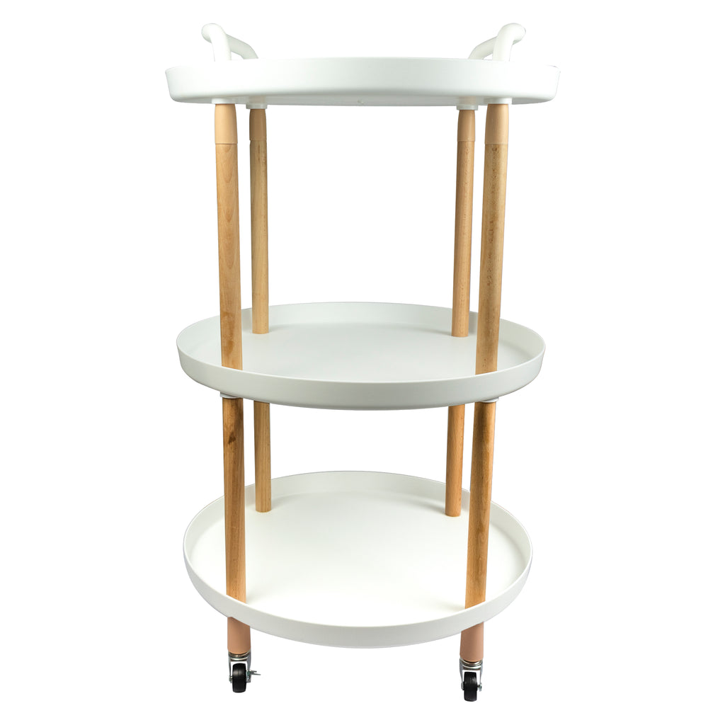 STORAGE RACK ROUND 3 SHELF WHITE PLASTIC AND WOOD ON CASTERS, (810X475MM DIA)