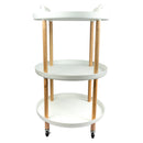 STORAGE RACK ROUND 3 SHELF WHITE PLASTIC AND WOOD ON CASTERS, (810X475MM DIA)