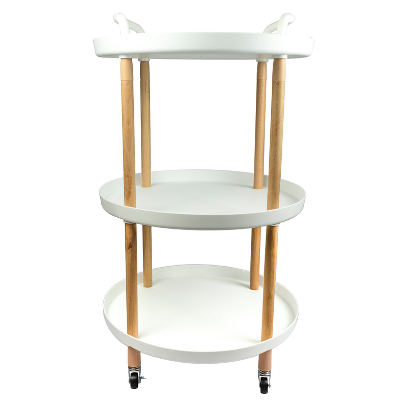 STORAGE RACK ROUND 3 SHELF WHITE PLASTIC AND WOOD ON CASTERS, (810X475MM DIA)