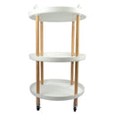 STORAGE RACK ROUND 3 SHELF WHITE PLASTIC AND WOOD ON CASTERS, (810X475MM DIA)