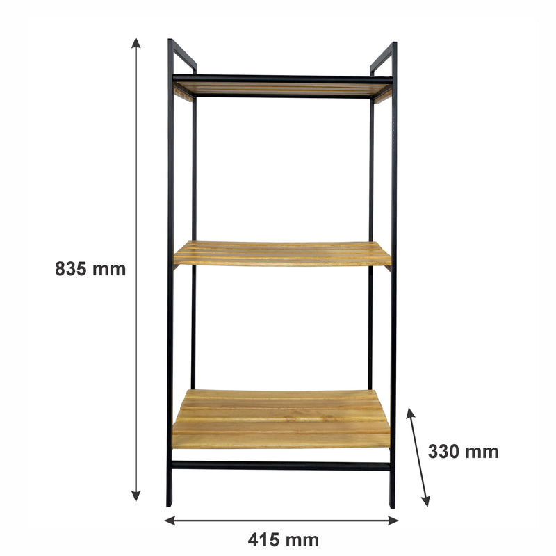 MULTI PURPOSE STORAGE RACK 3 BAMBOO SHELVES ON BLACK METAL FRAME, (415X330X835MM)