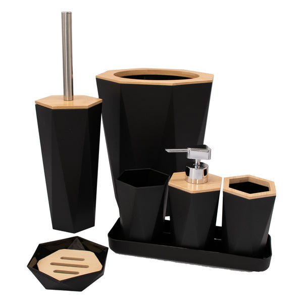 BATHROOM ASST. BLACK/WHITE 7PCE PLASTIC SET WITH BAMBOO LIDS , (205X205X250MM)