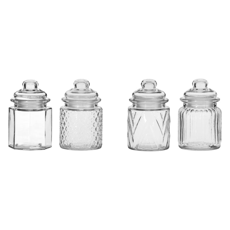 REGENT MINI GLASS CANISTERS ASSORTED DESIGNS, 4 PIECE SET 300ML (130X75MM DIA)