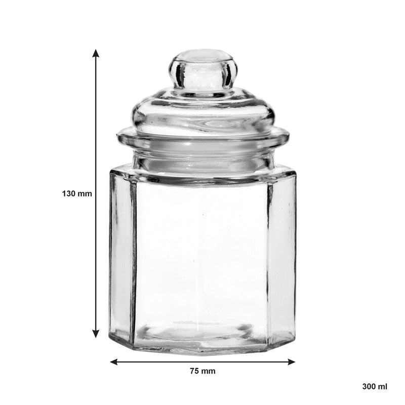 REGENT MINI GLASS CANISTERS ASSORTED DESIGNS, 4 PIECE SET 300ML (130X75MM DIA)