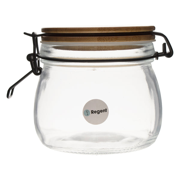 REGENT HERMETIC GLASS CANISTER WITH BAMBOO LID AND BLACK CLIP, 500ML (110X110MM DIA)