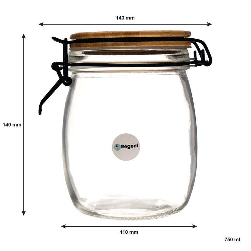 REGENT HERMETIC GLASS CANISTER WITH BAMBOO LID AND BLACK CLIP, 750ML (140X110MM DIA)