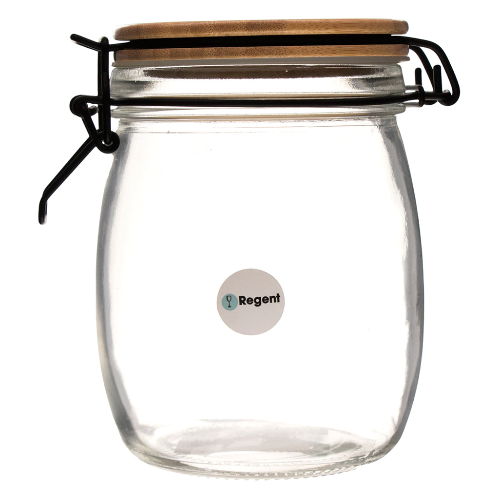 REGENT HERMETIC GLASS CANISTER WITH BAMBOO LID AND BLACK CLIP, 750ML (140X110MM DIA)