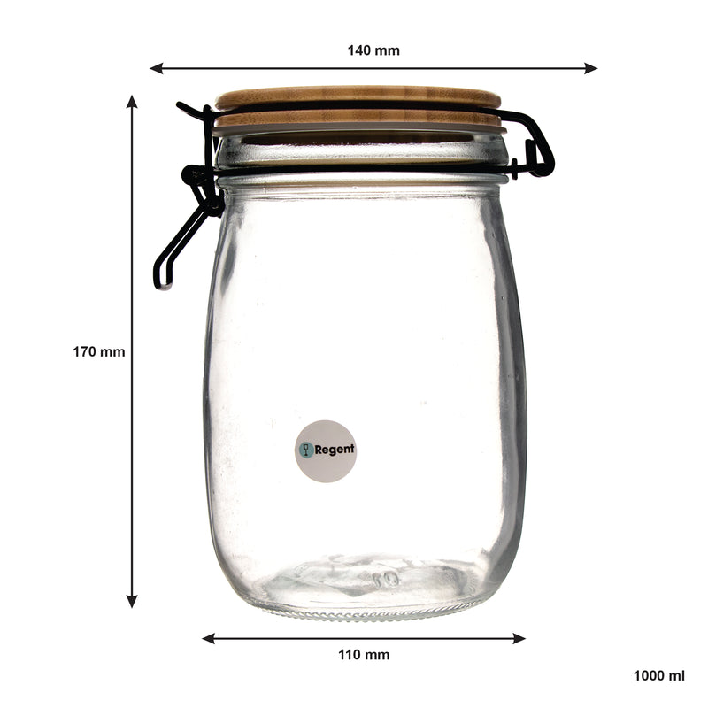 REGENT HERMETIC GLASS CANISTER WITH BAMBOO LID AND BLACK CLIP, 1LT (170X110MDIA)