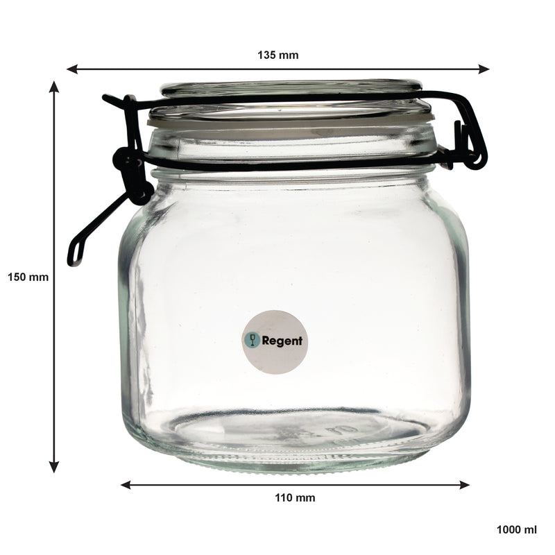 REGENT HERMETIC CANISTER WITH GLASS LID AND BLACK CLIP, 1LT (150X125X110MM DIA)