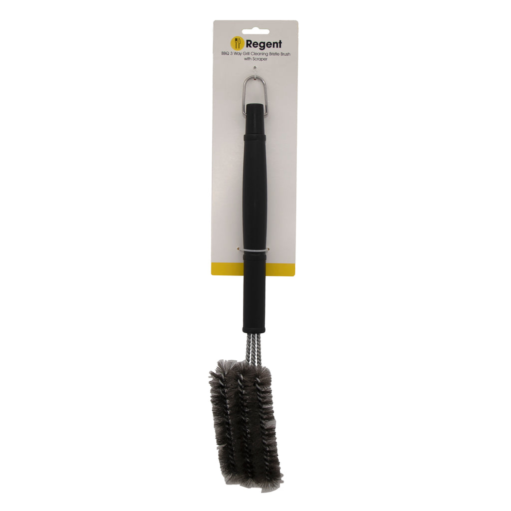 REGENT BRAAI 3 WAY CLEANING BRISTLE BRUSH WITH SCRAPER STAINLESS STEEL, (450X75X70MM)