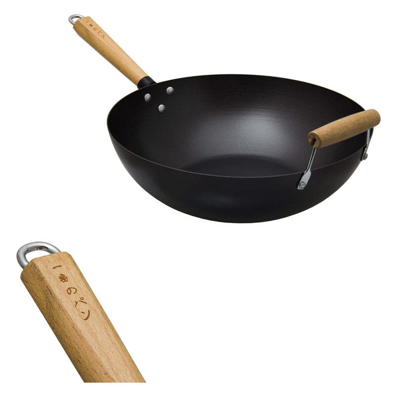 REGENT COOKWARE WOK CARBON FINISH WITH WOODEN HANDLE, (610/350MM DIAX100MM)