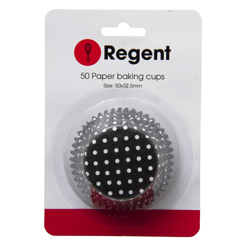 REGENT CAKE CUPS BLACK WITH WHITE DOTS 50PC, (50MM:DX32.5MM)