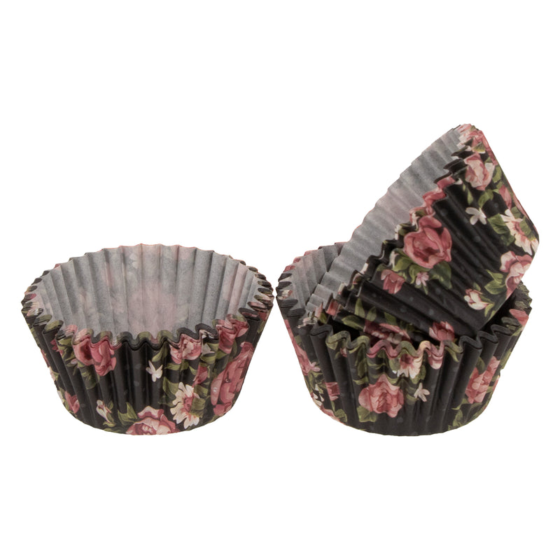 REGENT CAKE CUPS BLACK WITH PINK ROSES AND WHITE DAISIES 50 PCS, (50X32.5MM)