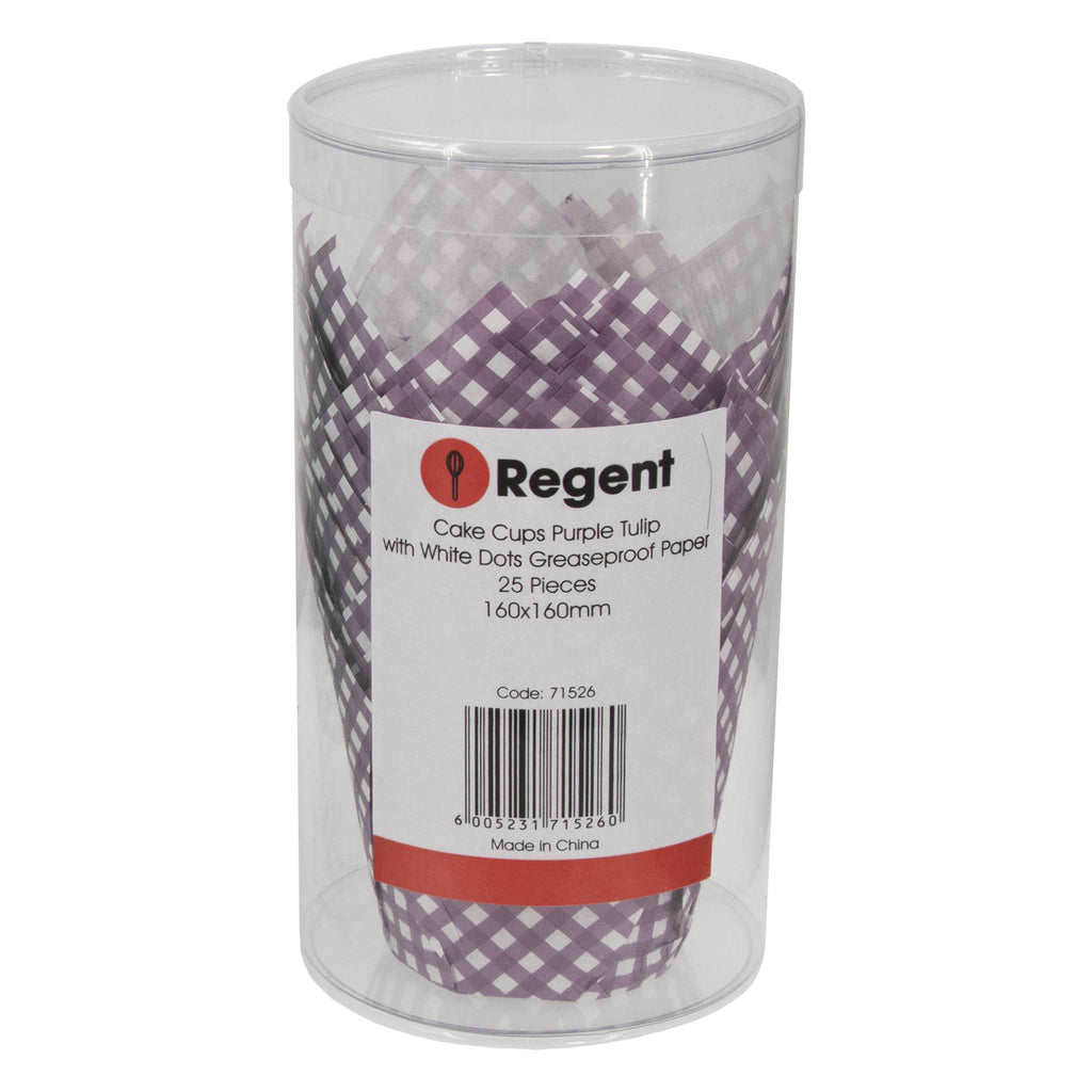 REGENT CAKE CUPS PURPLE TULIP WITH WHITE CHECKS GREASE PROOF PAPER 25 PCS, (80/50MM DIAX90MM)