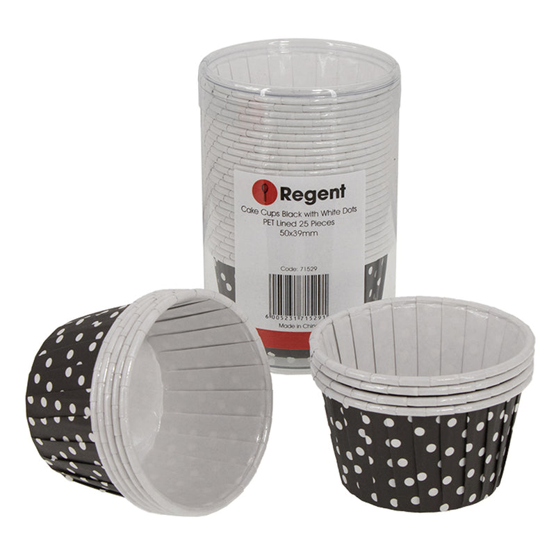 REGENT CUPCAKE CUPS BLACK WITH WHITE DOTS PET LINED 25 PCS, (50/70MM DIAX39MM)