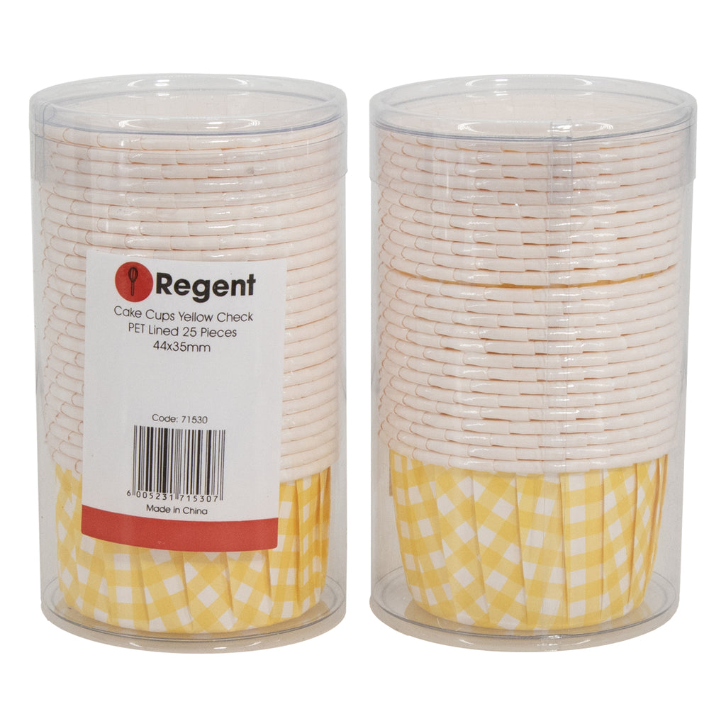 REGENT CAKE/ICE CREAM CUPS YELLOW CHECK PET LINED 25 PCS, (55/44MM DIAX35MM)