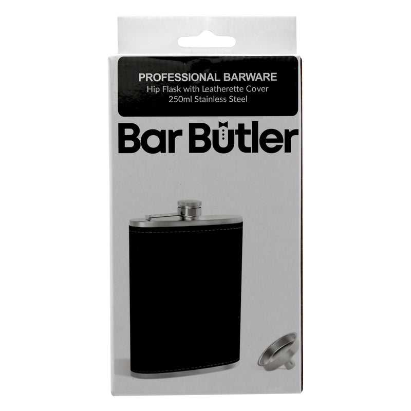 BAR BUTLER HIP FLASK ST STEEL WITH BLACK LEATHERETTE COVER AND FUNNEL, 250ML (140X95X23MM)