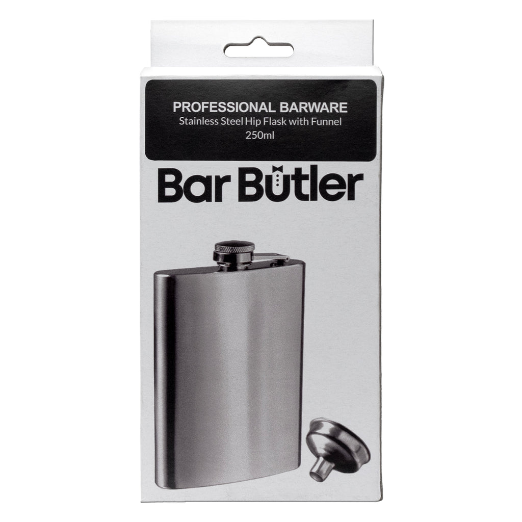 BAR BUTLER HIP FLASK WITH FUNNEL ST STEEL, 250ML (149X93X23MM)