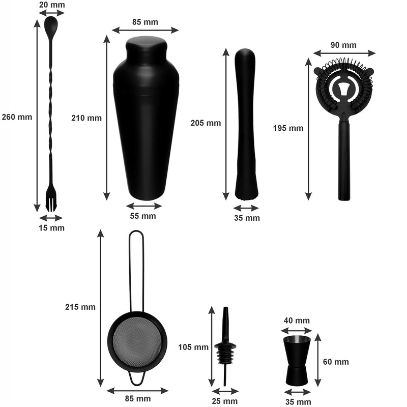 BAR BUTLER COCKTAIL BAR SHAKER 8 PIECES SET ST STEEL MATTE BLACK, 600ML (90X85X260MM)