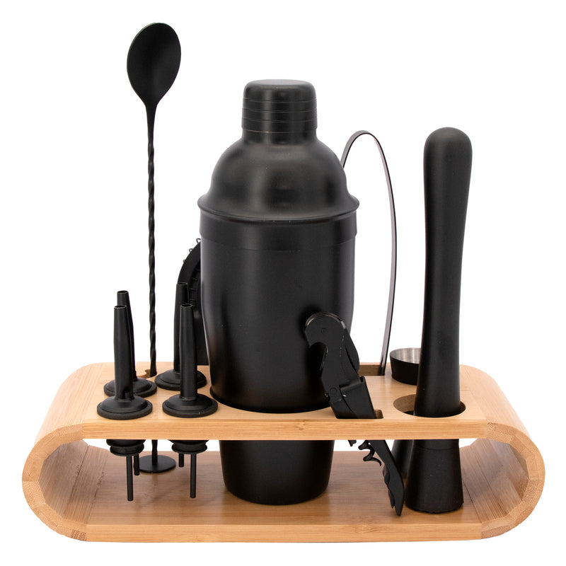 BAR BUTLER COCKTAIL BAR SET, 12 PIECES ST STEEL MATTE BLACK ON A BAMBOO CADDY, (275X105X250MM)