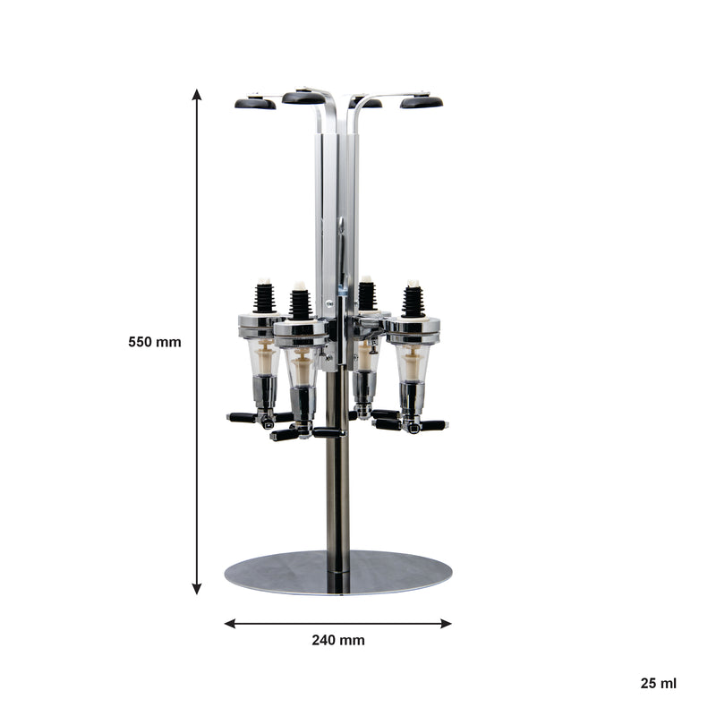 BAR BUTLER 4 BOTTLE TOT MEASURE DISPENSERS 25ML ON A ROTARY STAND, (240MMX240X550MM)