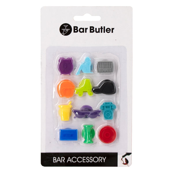 BAR BUTLER WINE GLASS SILICONE MARKER CHARMS 12 PIECE SET, (20MM EA)