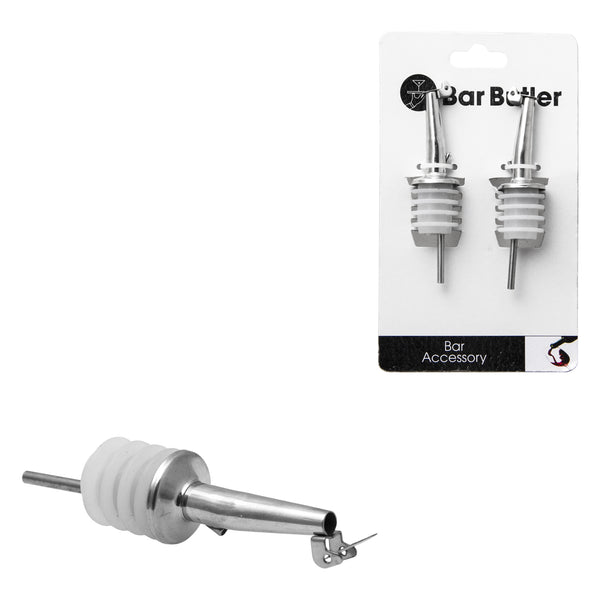 BAR BUTLER FREE FLOW POURER WITH CAP STAINLESS STEEL 2 PACK, (25MM DIAX100MM)