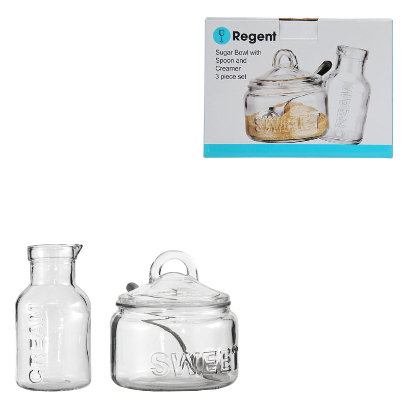 REGENT GLASS SUGAR BOWL 540ML & CREAMER 340ML WITH SPOON 3 PIECE SET, (120X115MM l 75MM DIAX140MM)