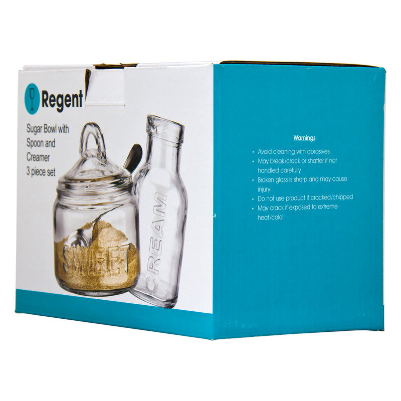 REGENT GLASS SUGAR BOWL 540ML & CREAMER 340ML WITH SPOON 3 PIECE SET, (120X115MM l 75MM DIAX140MM)