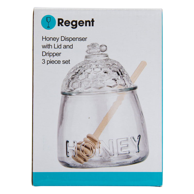 REGENT GLASS HONEY DISPENSER WITH LID & DRIPPER 3 PIECE SET, 590ML (110MM DIAX145MM)