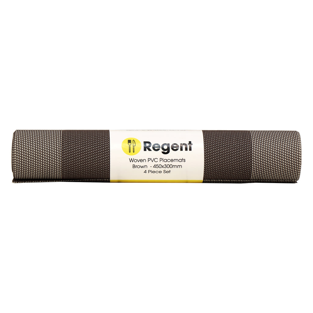 REGENT PLACE MATS WOVEN PVC BROWN WITH BORDER 4 PACK ROLL, (450X300MM)