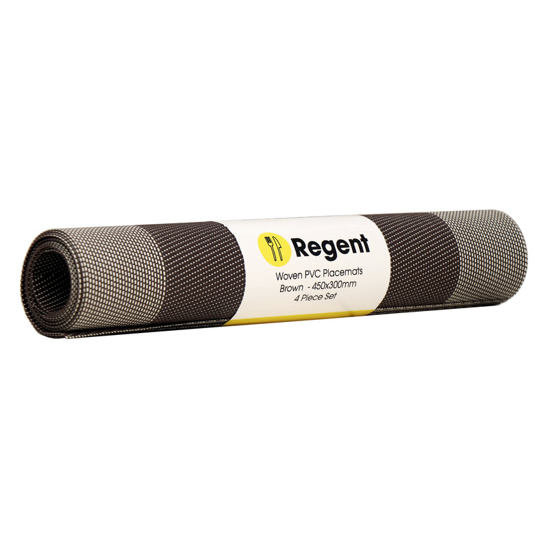 REGENT PLACE MATS WOVEN PVC BROWN WITH BORDER 4 PACK ROLL, (450X300MM)