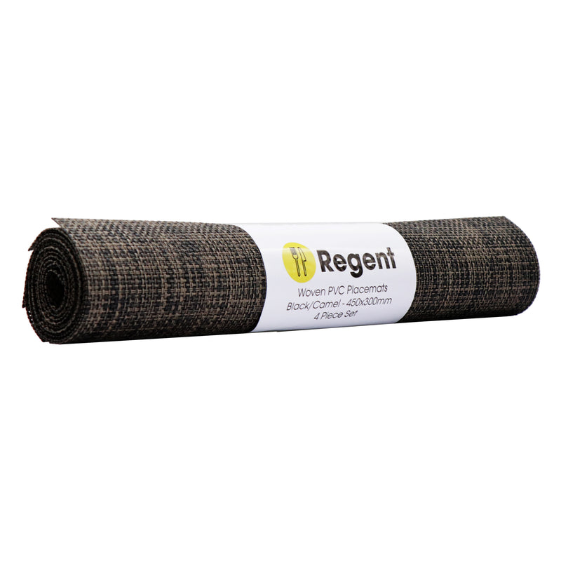 REGENT PLACE  MATS WOVEN PVC CAMEL/BLACK 4 PACK ROLL, (300X450MM)